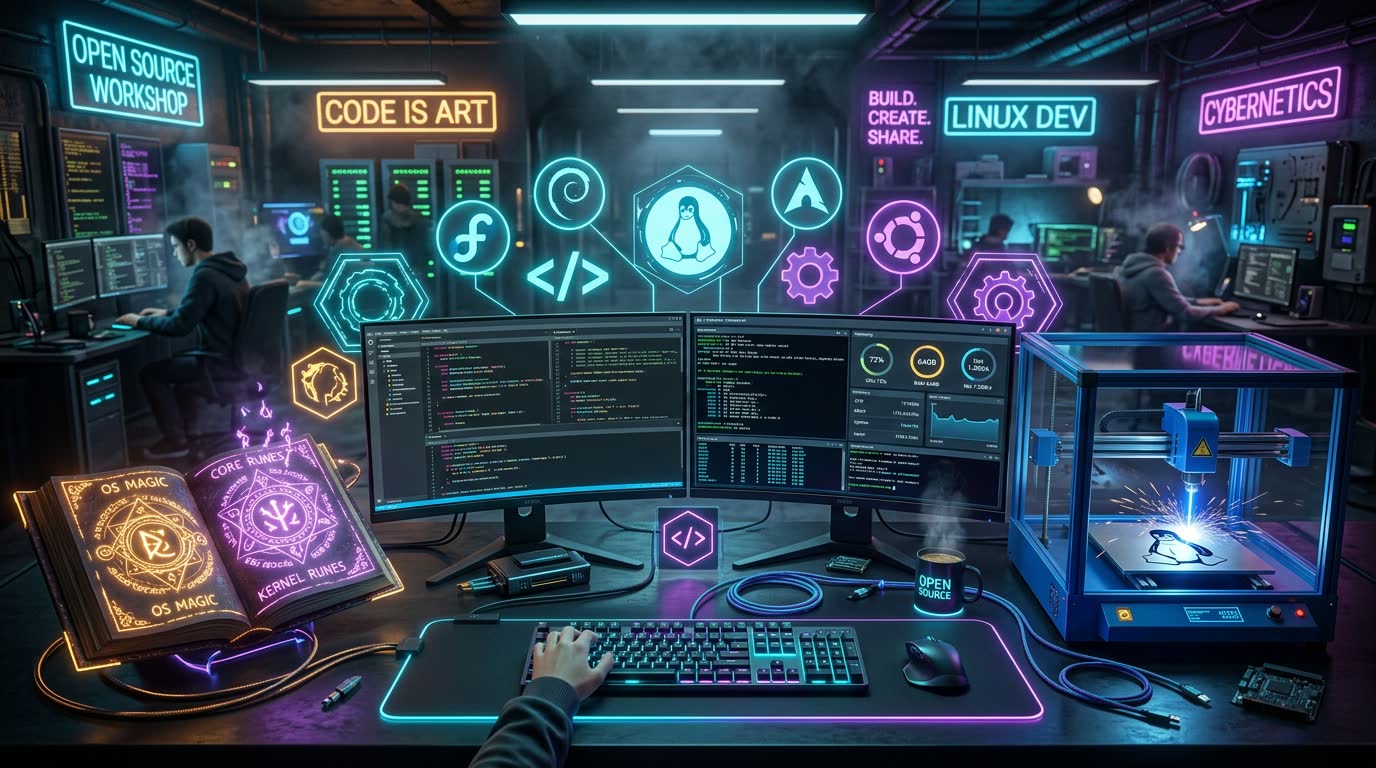 Atelier open source : postes de développement Linux, code à l'écran, logos de distributions et graveuse laser en fonctionnement.