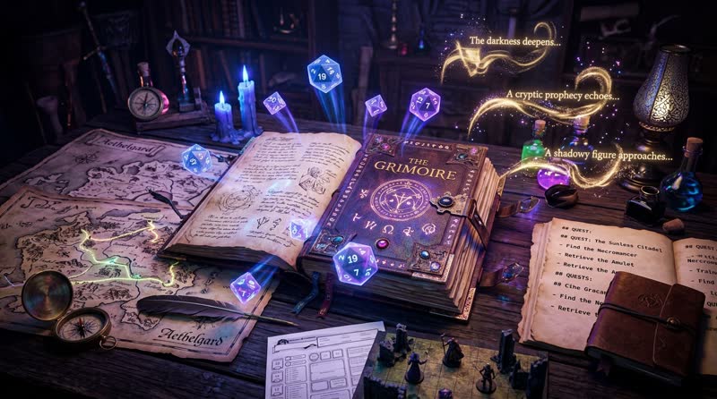 Table de jeu de rôle : grimoire ouvert, carte de campagne, dés lumineux et figurines sur un plateau.