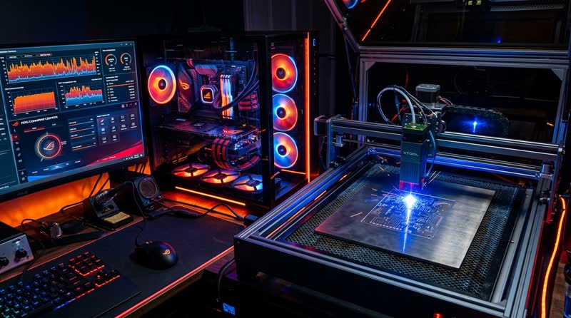 Graveuse laser en fonctionnement, pilotée depuis un poste de contrôle aux accents ROG.