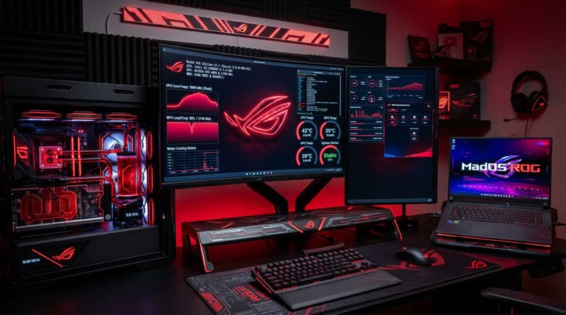 Station de jeu Linux aux couleurs ROG : bureau KDE thématisé et indicateurs système.