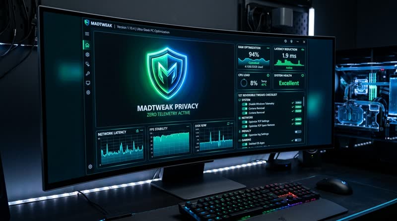 Interface d'optimisation Windows aux accents rouges : réglages système et indicateurs de performance.