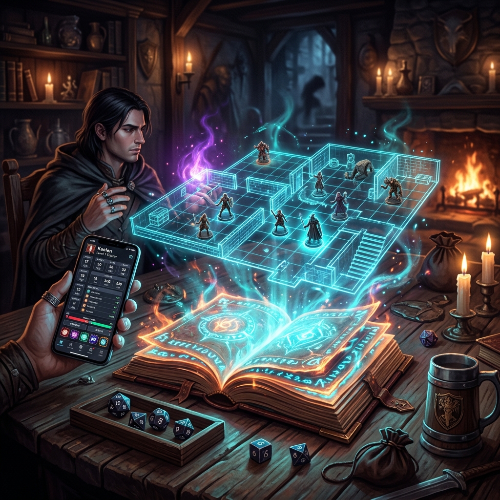 Un Maître du Jeu utilise Grimoire : carte holographique tactique, grimoire enchanté et HUB mobile